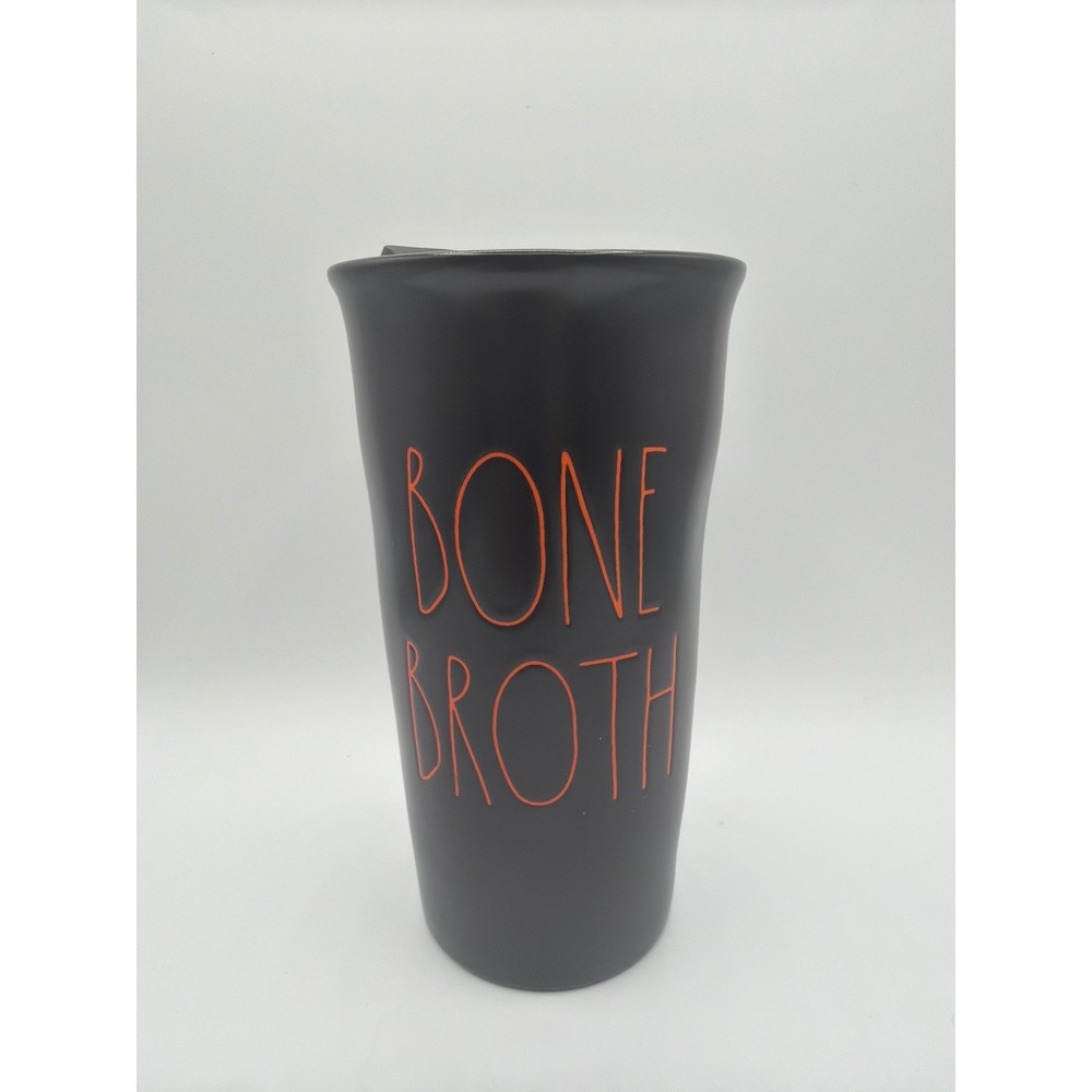 Rae Dunn BONE BROTH Halloween Ceramic Travel Mug Tumbler Black Orange NIB